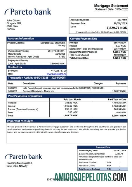 para download Modelo Word e PDF de extrato de hipoteca do Banco Pareto da Noruega